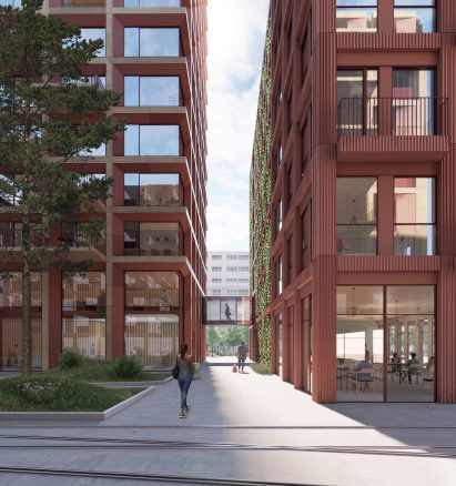 Render of an alleyway between two connected buildings