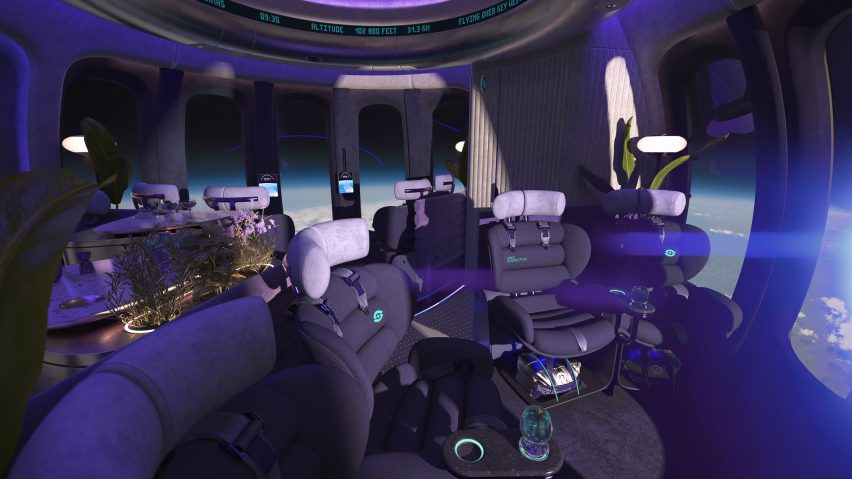 Four lounge seats curve to slightly face each other within the Neptune Space Lounge spacecraft cabin