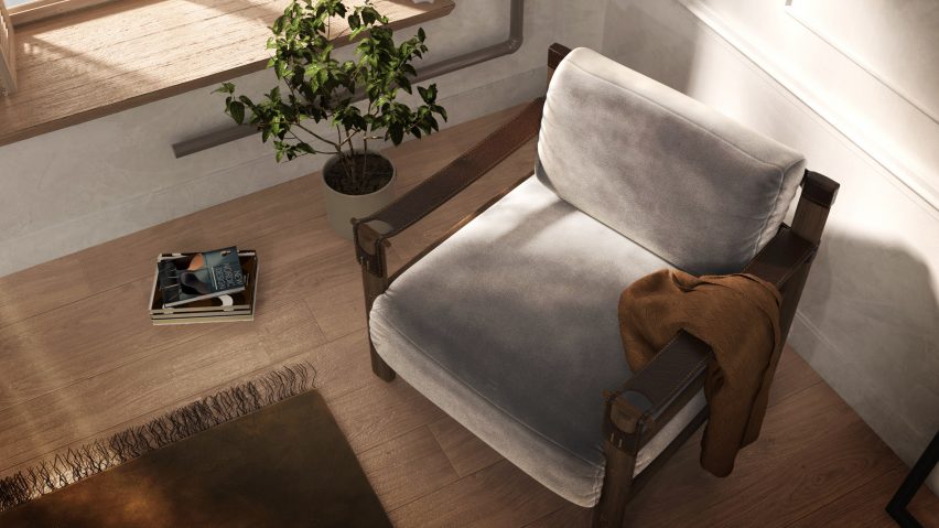 Mauve Stax Recycled velvet by Texstyle used as upholstery on an armchair