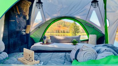 View from the SylvanSport Go pop-up tent over a lake