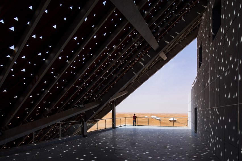 Weathering steel shell of desert campsite facility