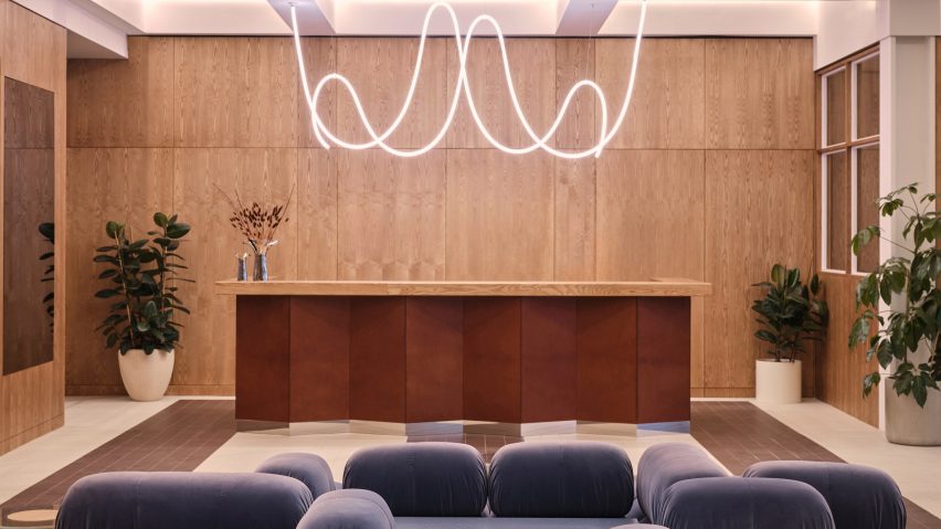 Lobby of 210 Euston Road with neon installation