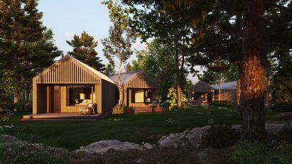 cabins with light and trees