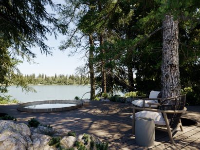 patio with hot tub and lake 