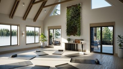 yoga room in A-frame building with windows to lake
