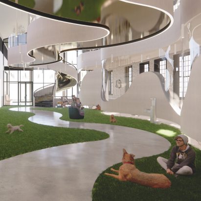 Visualisation of interior with snaking central walkway and grass at either side for dogs and owners