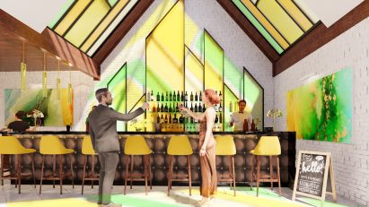 A render of people enjoying drinks at the Monroe Art Hotel