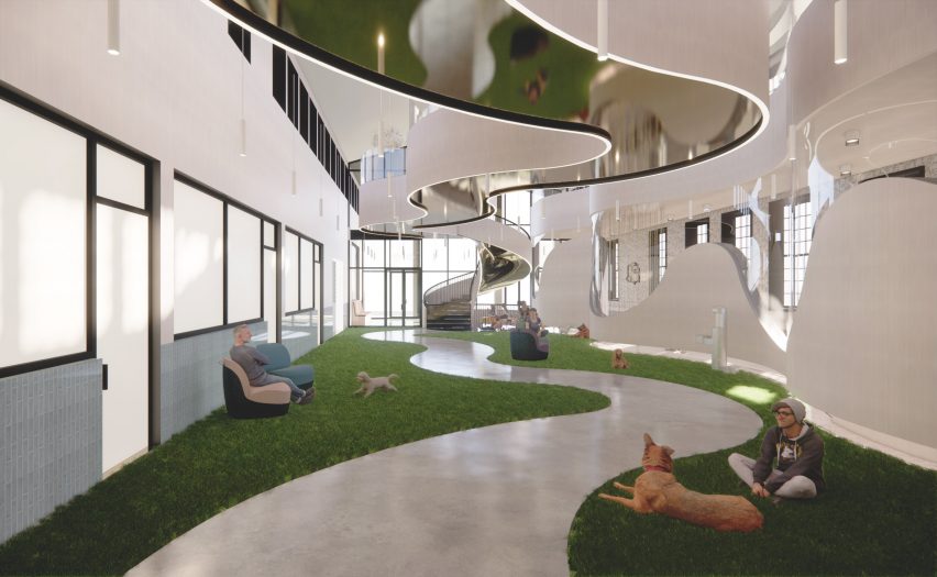 Visualisation of interior with snaking central walkway and grass at either side for dogs and owners