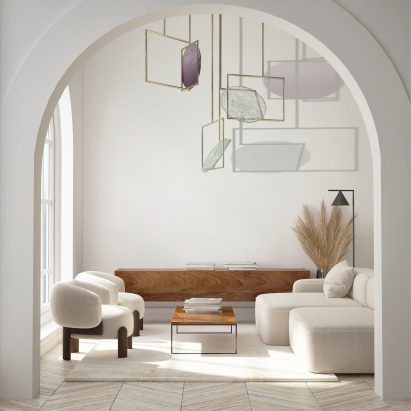 A photograph of a sculpture decoration called Frames dangling from the ceiling