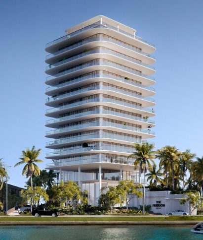 OMA miami the perigon elevation with palms and car