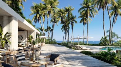 cabana and pool with palms and ocean