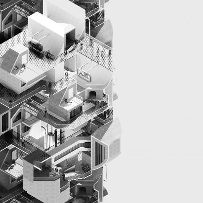 A Pratt Institute student's illustration of a high rise grey building