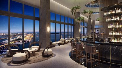 Waldorf Astoria restaurant with city lights through windows
