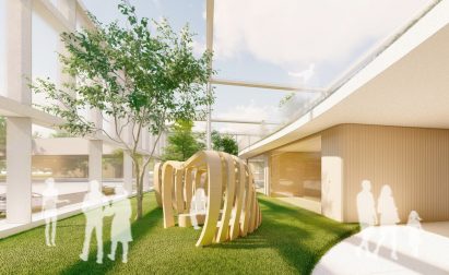 A render of Oasis, which is a foliage-filled mental health centre