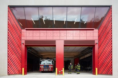 red terracotta firestation facade