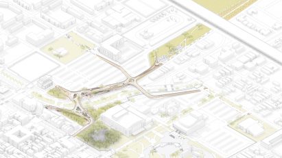 Axonometric site plan showing a green intervention into the city by a student at Tulane University