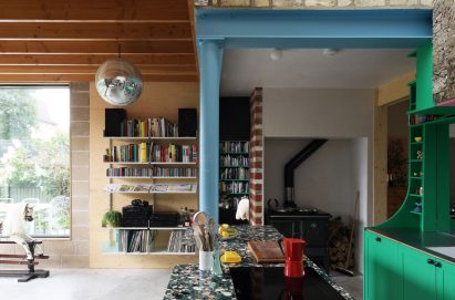 Interior image of an open plan kitchen at Forest House