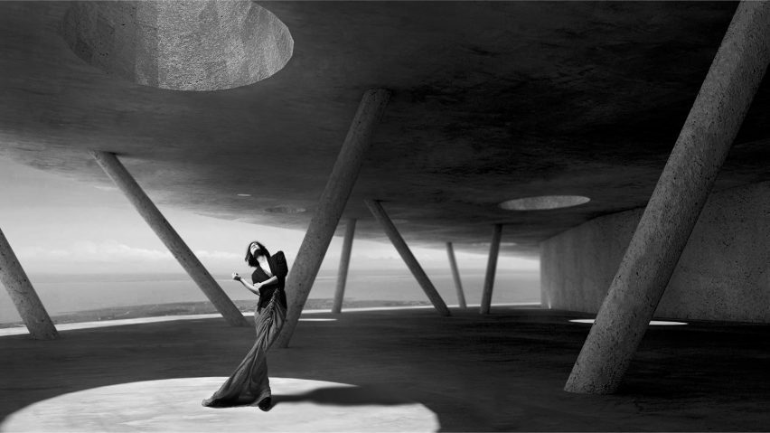 Black and white image of a model in a concrete space