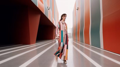 a model in front of a contemporary buidling, course image of architecture for fashion at YACademy