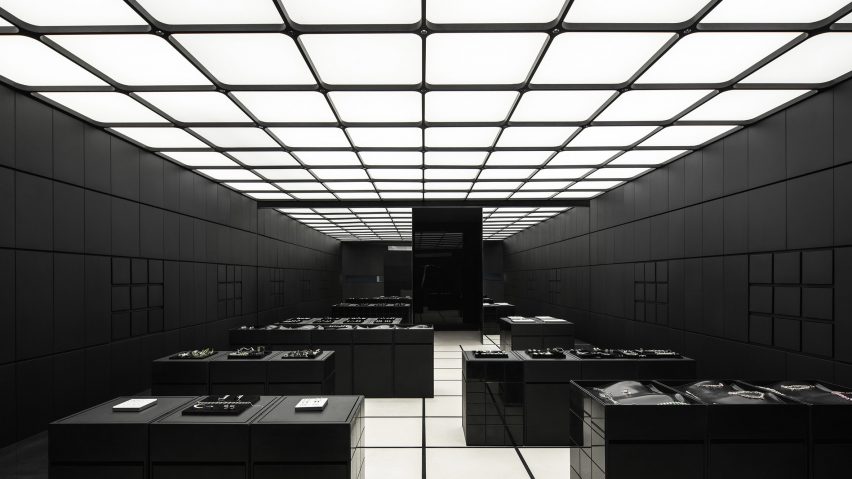 KVK jewellery store Chengdu by Atmosphere Architects with gridded black and white floor and ceiling