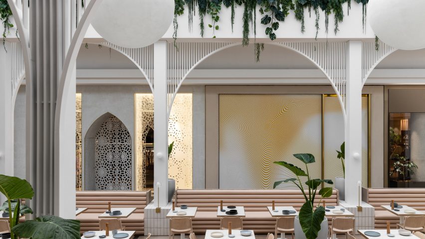 Cafe area with flesh coloured benches in Au79 cafe Melbourne by Mim Design