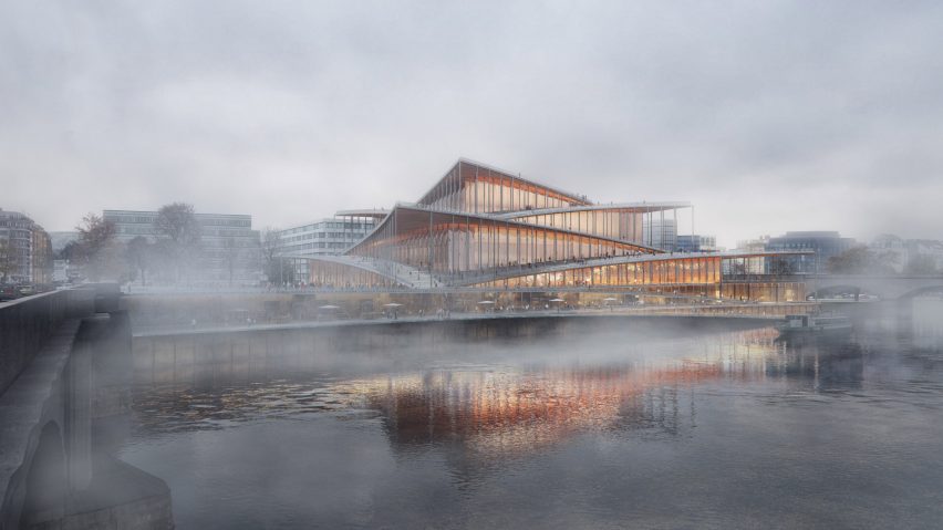 Render of The Vltava Philharmonic Hall on the river bank