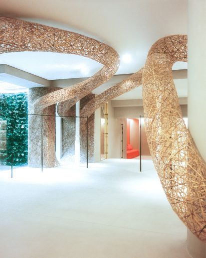 Retail interior with bamboo installation