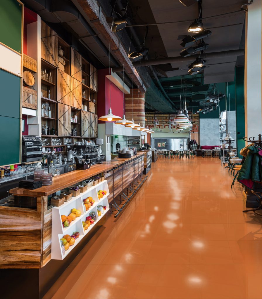Orange Chart floor tiles in a cafe