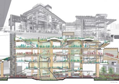 Perspective section drawing of a multistorey building