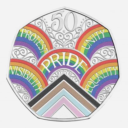 A 50p coin with multi-coloured rainbows