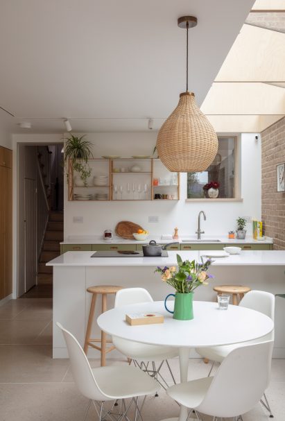 Interior image of the open plan kitchen and dining room at the london extension and gallery by Delve Architects