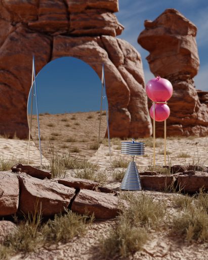 A giant round mirror, a pink balloon-shaped sculpture and a stacked aluminium coaster set sit in the Wadi Rum desert