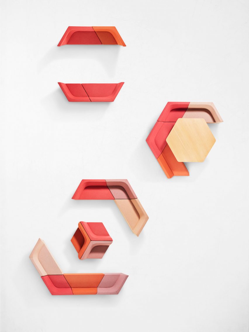 Overhead shot of Prisma seating system by Alexander Lotersztain for Derlot arranged into pentagonal seating arrangements