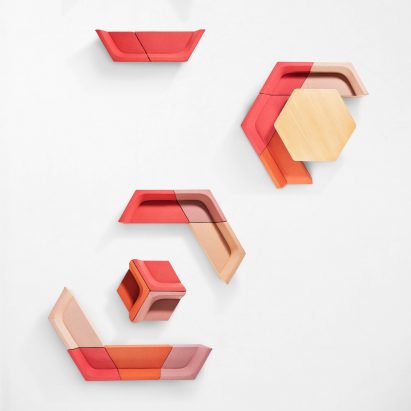 Overhead shot of Prisma seating system by Alexander Lotersztain for Derlot arranged into pentagonal seating arrangements