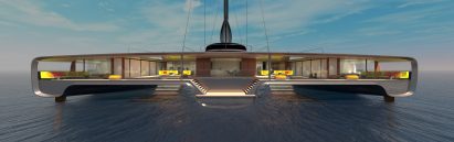 Rendering of the main deck of the Domus Trimaran with lounges and living spaces stretching the whole width of the deck