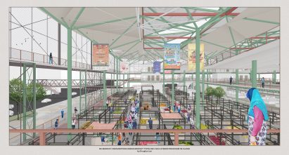 Perspective drawing of the inside of a market building