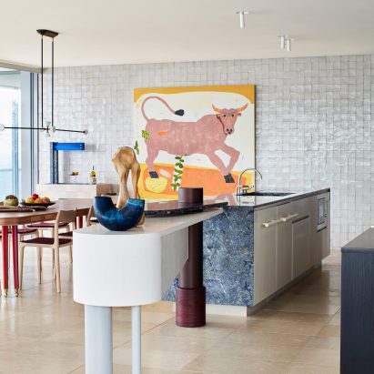 Kitchen interior of Dream Weaver penthouse designed by YSG with blue stone counter