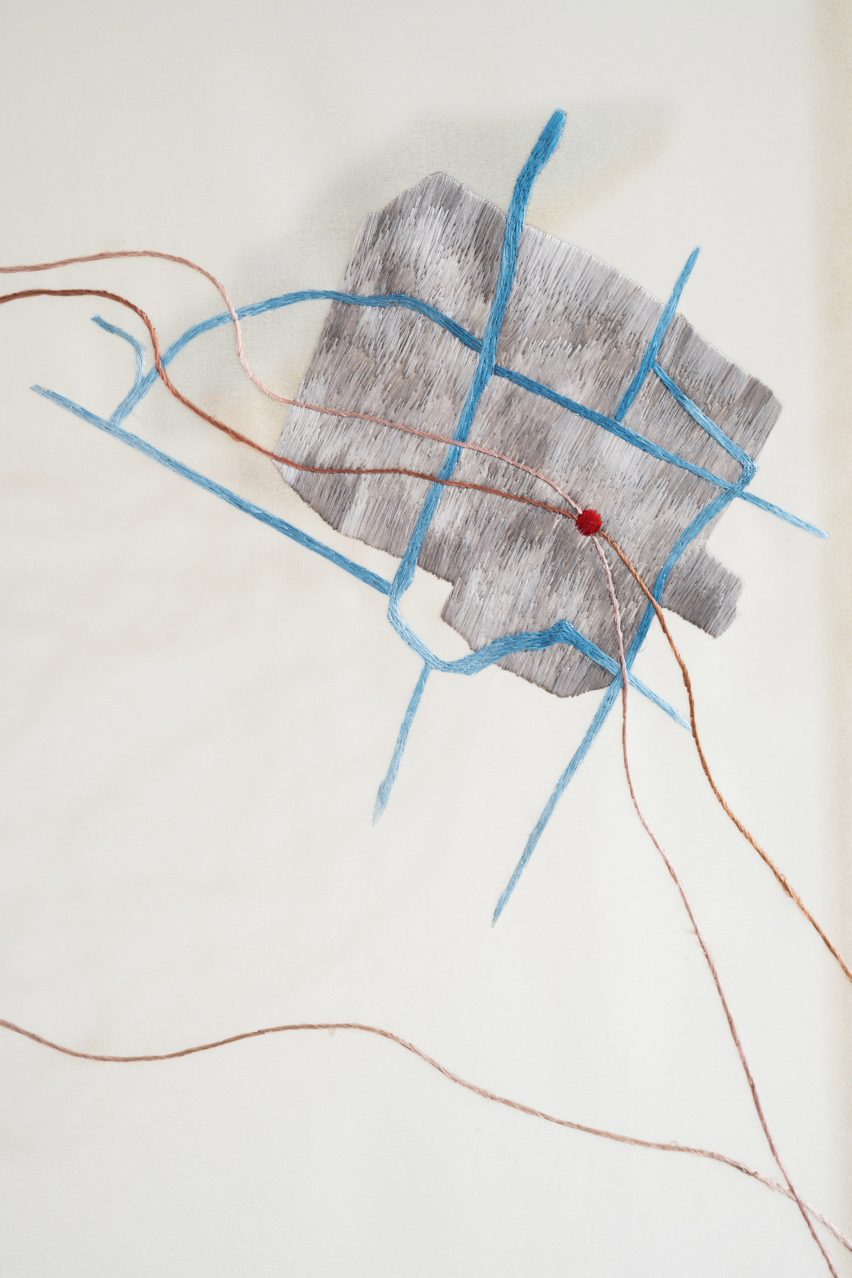 Detail on Made in China mulberry wood and silk organza cabinet by Studio Nienke Hoogvliet