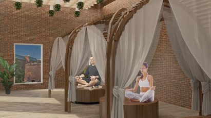Render of people meditating at a yoga retreat