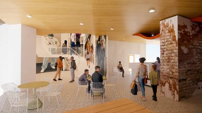 Interior render of a museum design with seating and timber clad ceiling
