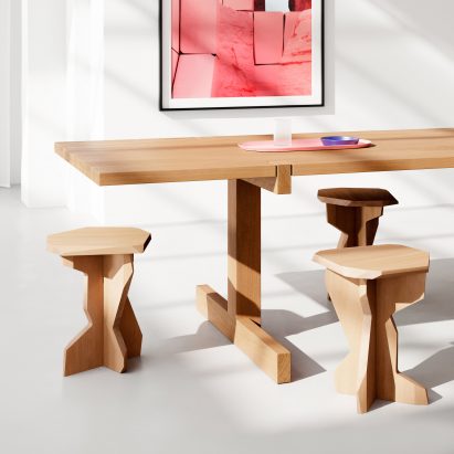 Three wooden Fels stolls by OUT around a wooden table
