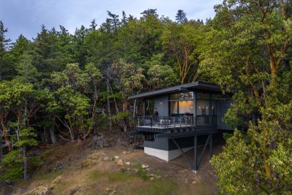 Image of the black painted cabin nestled between trees