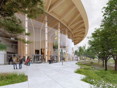 Render of the exterior of World of Volvo with people meeting outside