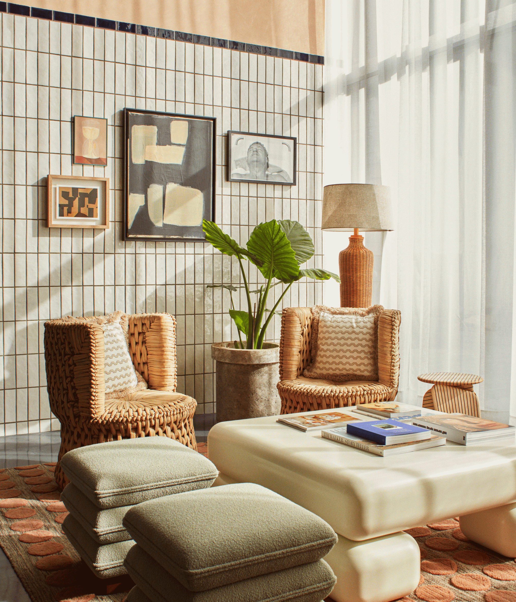 Two rattan chairs and two pouffes in a hotel lobby