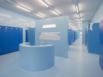 Interior image of the mock swimming pool changing rooms at Le Bleu