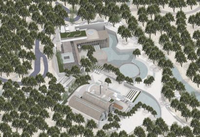 Axonometric rendered site plan with trees surrounding by student at Taylor's University