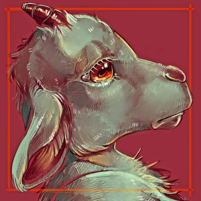 An image of a sad-looking goat by Kenna Savitri Marar