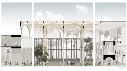 Perspective section of a building with large arched structure by student at Taylor's University