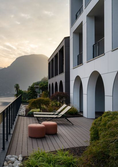Image of a water-front building that is clad in Lapitec