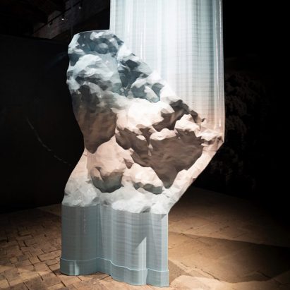 A rendering of a blue and pink sculpture